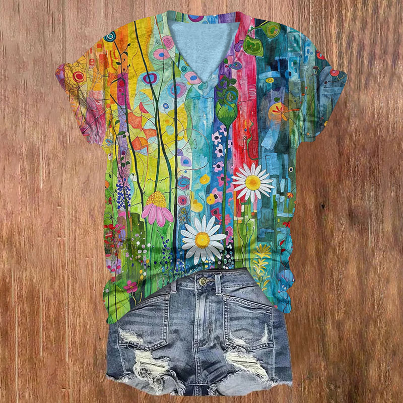 Rainbow Daisy Hippie Oil Painting Print Short Sleeved V-Neck T-Shirt - Light Blue - US32-34(5XL) - image 1
