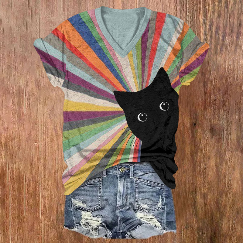 Rainbow-Inspired Black Cat Print Short Sleeved V-Neck T-Shirt - Light Blue - US32-34(5XL) - image 1