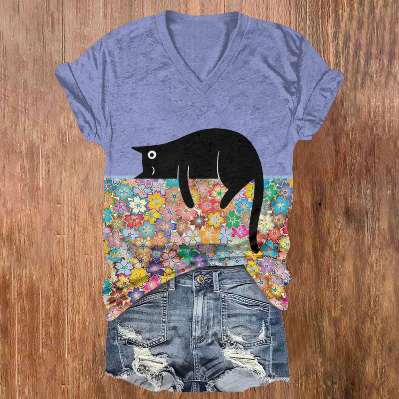 Rainbow Cherry Blossoms And Lazy Cat Print Short Sleeved V-Neck T-Shirt - Purple - US32-34(5XL) - image 2