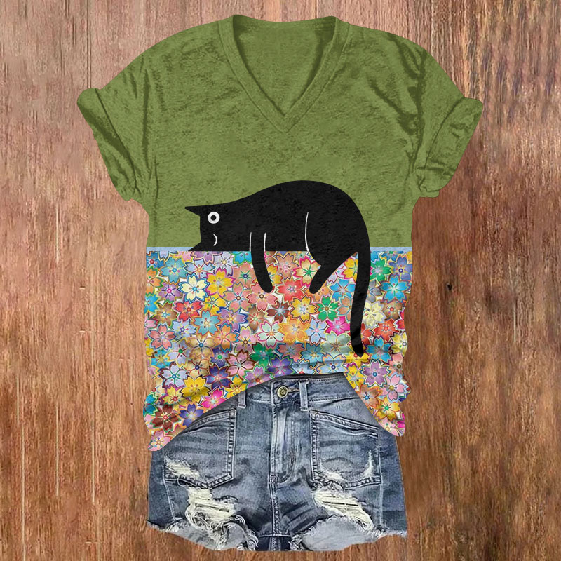 Rainbow Cherry Blossoms And Lazy Cat Print Short Sleeved V-Neck T-Shirt - Green - US32-34(5XL) - image 1