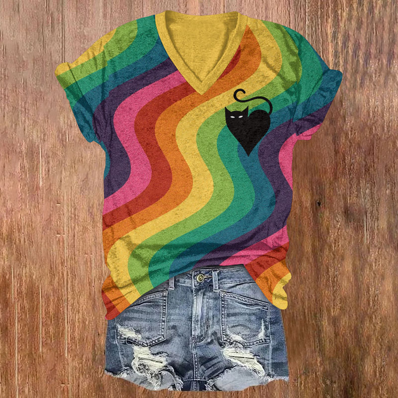Rainbow Curves And Hearts Cat Print Short Sleeved V-Neck T-Shirt - Yellow - US32-34(5XL) - image 1