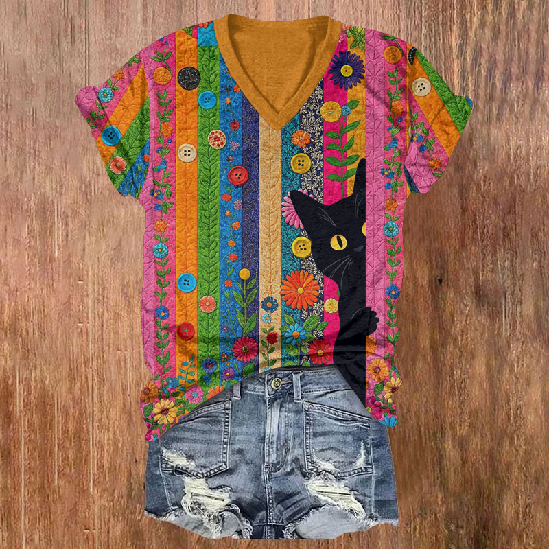 Rainbow-Striped Flowers Cat Print Short Sleeved V-Neck T-Shirt - Orange - US32-34(5XL) - image 1