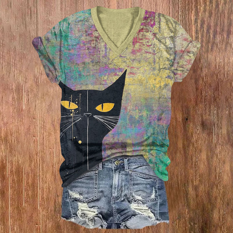 Rainbow Texture And Black Cat Print Short Sleeved V-Neck T-Shirt - Olive Green - US32-34(5XL) - image 1