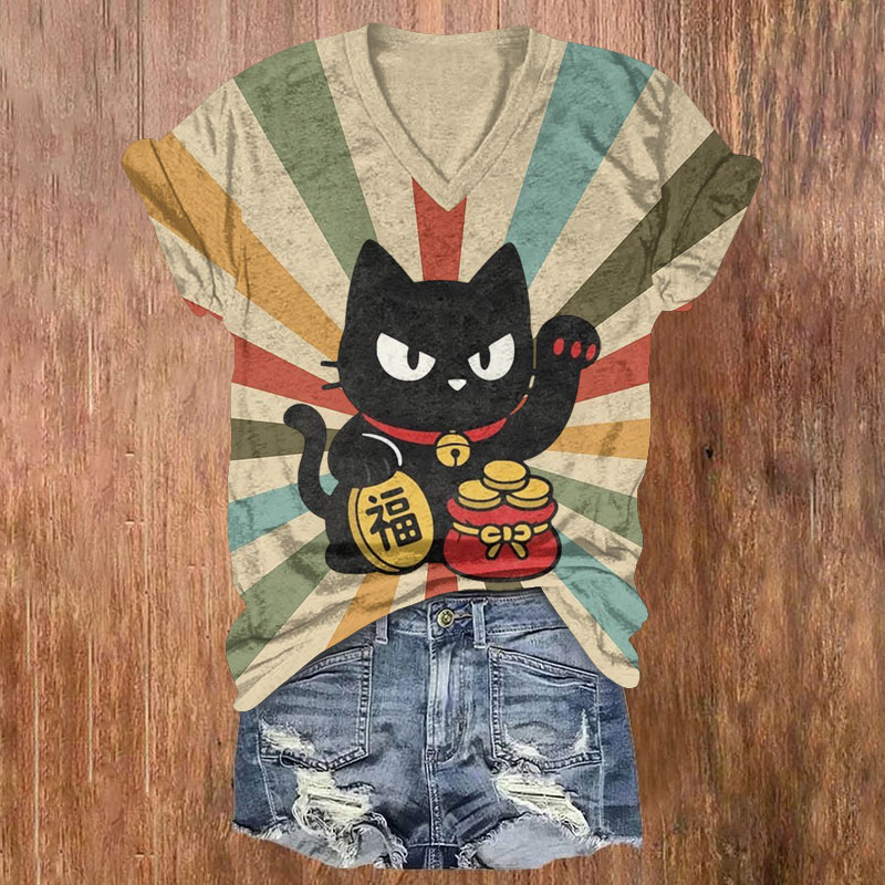 Rainbow Light And The Beckoning Cat Print Short Sleeved V-Neck T-Shirt - Apricot - US32-34(5XL) - image 1