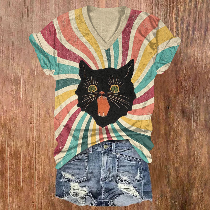 Rainbow-Lit Yawning Cat Print Short Sleeved V-Neck T-Shirt - Apricot - US32-34(5XL) - image 1