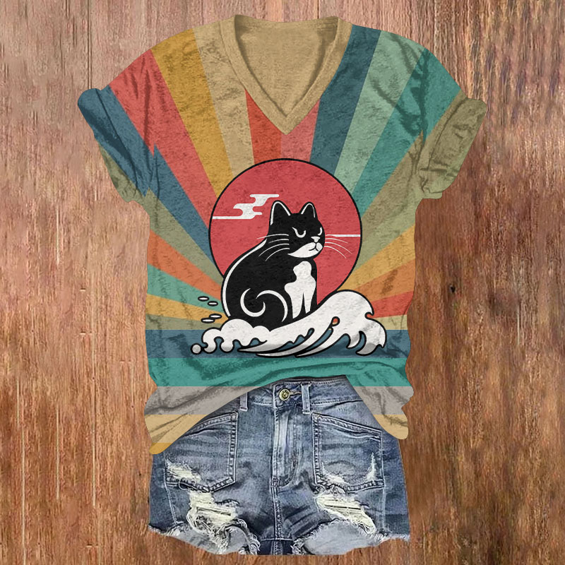 Rainbow Sunrise And A Cat Print Short Sleeved V-Neck T-Shirt - Khaki - US32-34(5XL) - image 1
