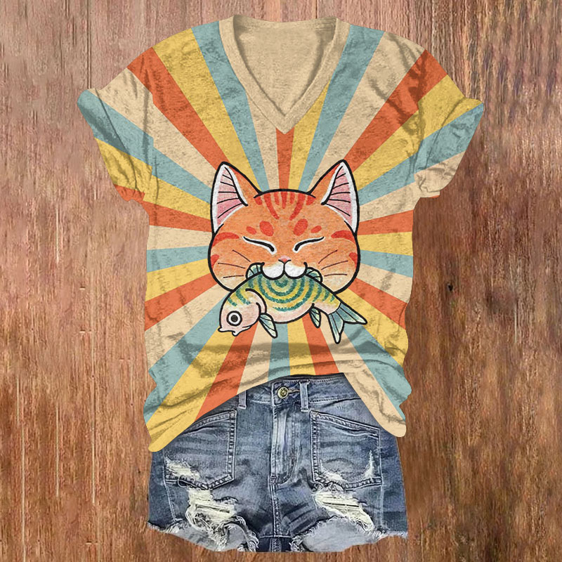 Rainbow Cat Eats Fish Print Short Sleeved V-Neck T-Shirt - Apricot - US32-34(5XL) - image 1