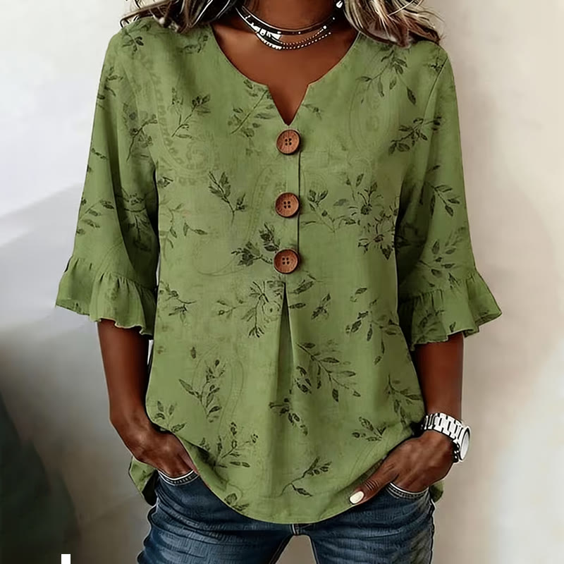 Cottagecore Green Leaf Vintage Print Button V-neck Blouse With Ruffle Sleeves - Green - US 22 (4XL) - image 1