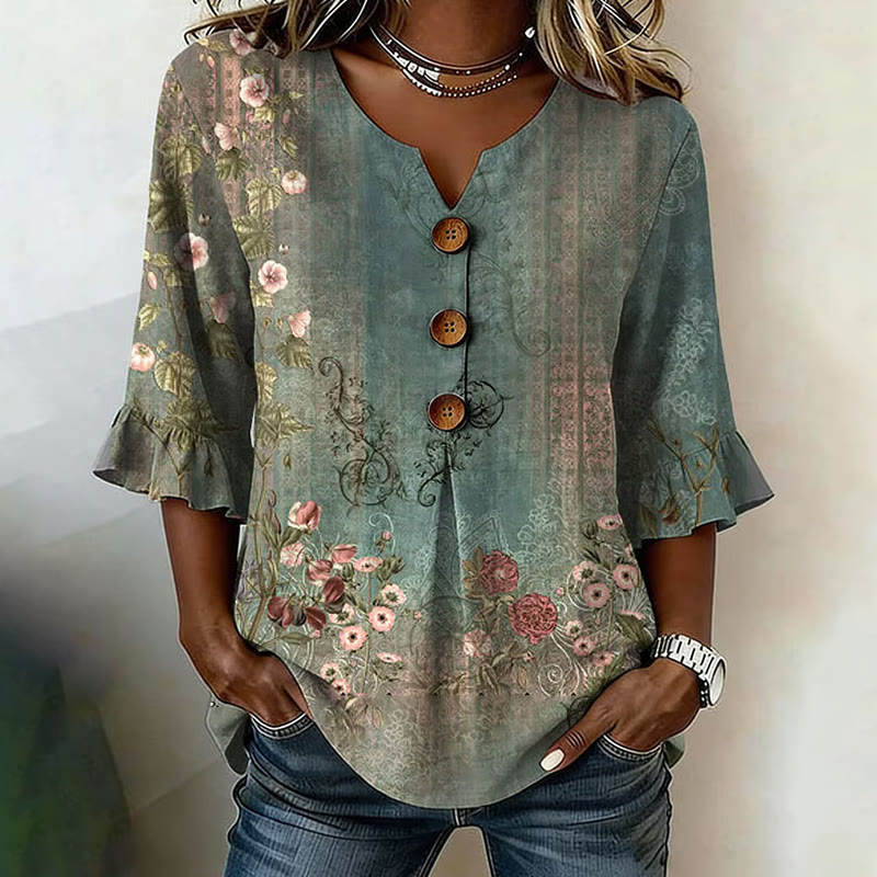 Romantic Vintage Rose Print Button V-neck Blouse With Ruffle Sleeves - Green - US 22 (4XL) - image 1