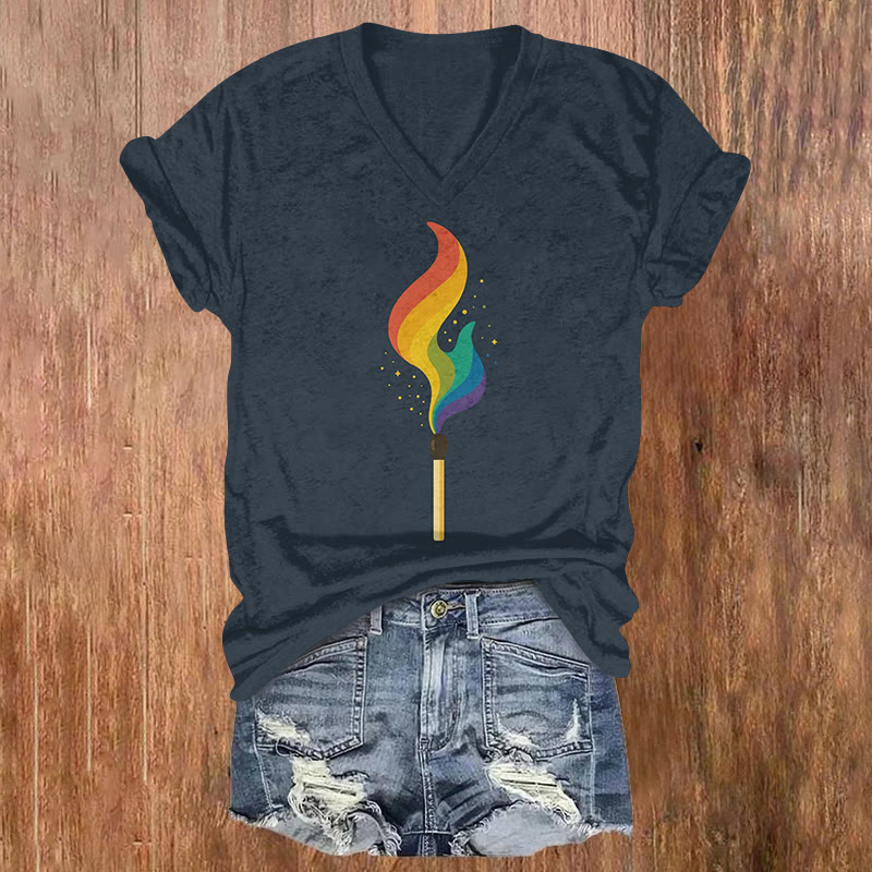 Rainbow Flame Art Print Short Sleeved V-neck T-shirt - Black - US32-34(5XL) - image 1