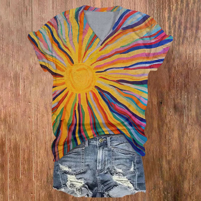 Retro Hippie Rainbow Sun Art Print Short Sleeved V-Neck T-Shirt - Multicolor - US32-34(5XL) - image 1