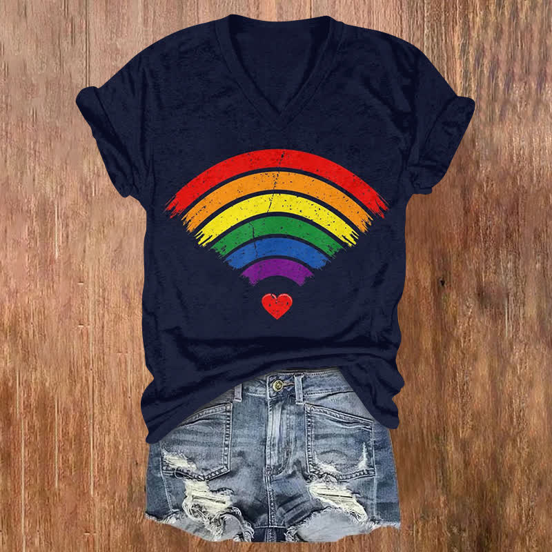 Vintage Rainbow Heart Art Print Short Sleeved V-Neck T-Shirt - Navy Blue - US32-34(5XL) - image 1