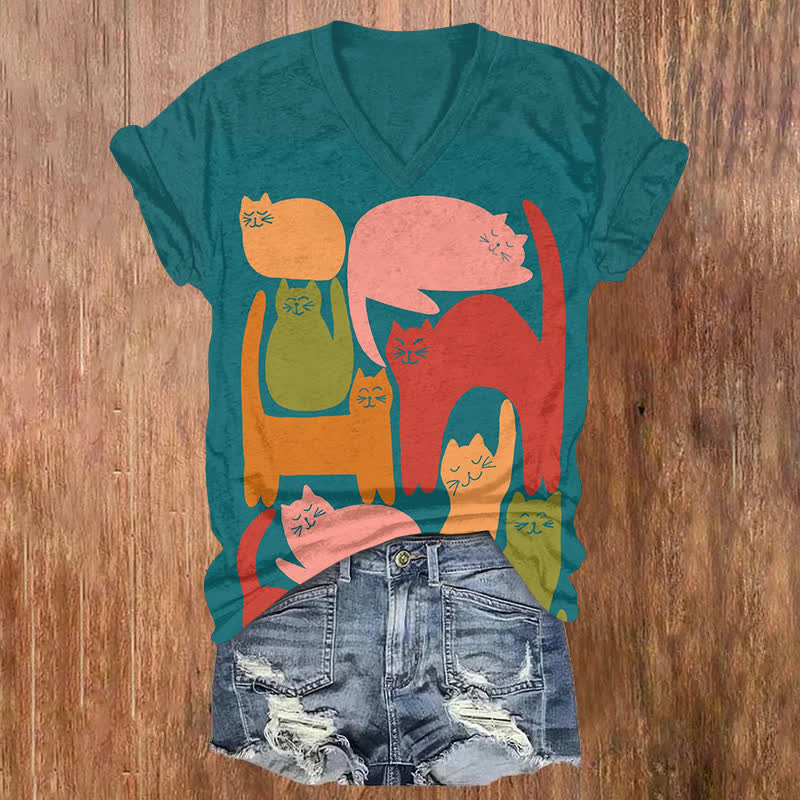 Abstract Cats Art Print Short Sleeved V-Neck T-Shirt - Lake Blue - US32-34(5XL) - image 1