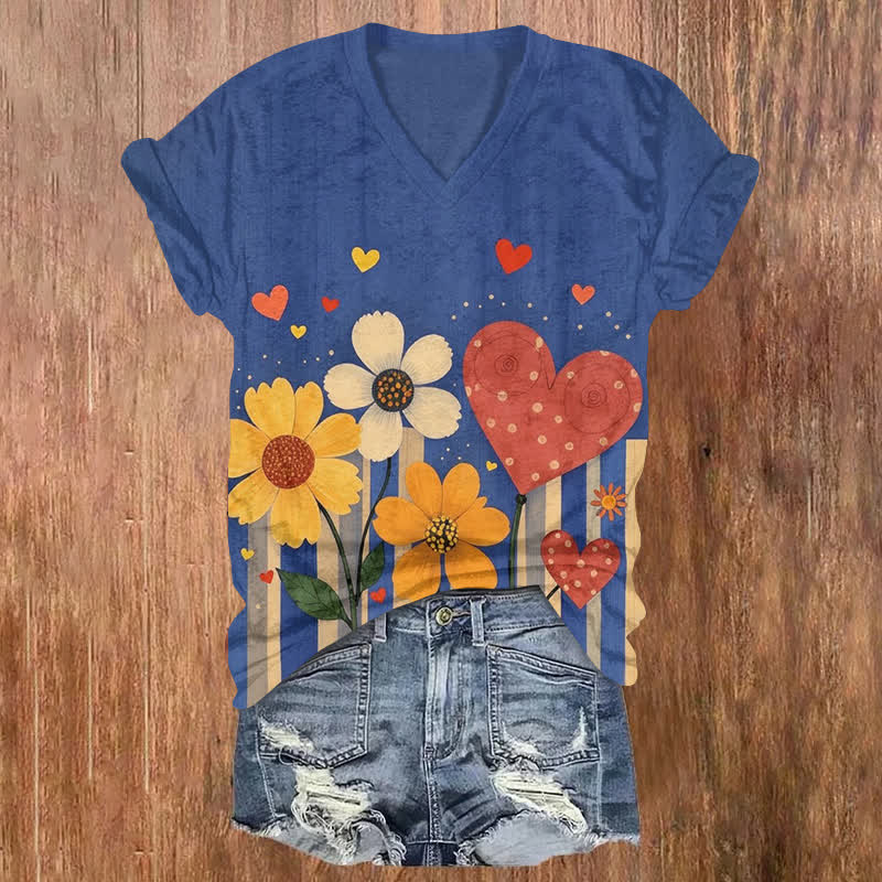 Cute Flower & Heart Art Print Short Sleeved V-Neck T-Shirt - Blue - US32-34(5XL) - image 1