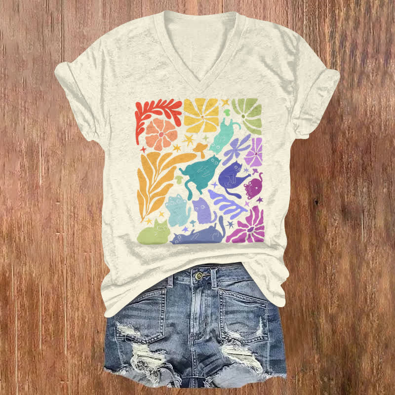 Colorful Abstract Cats And Flowers Art Print Short Sleeved V-Neck T-Shirt - Apricot - US32-34(5XL) - image 1