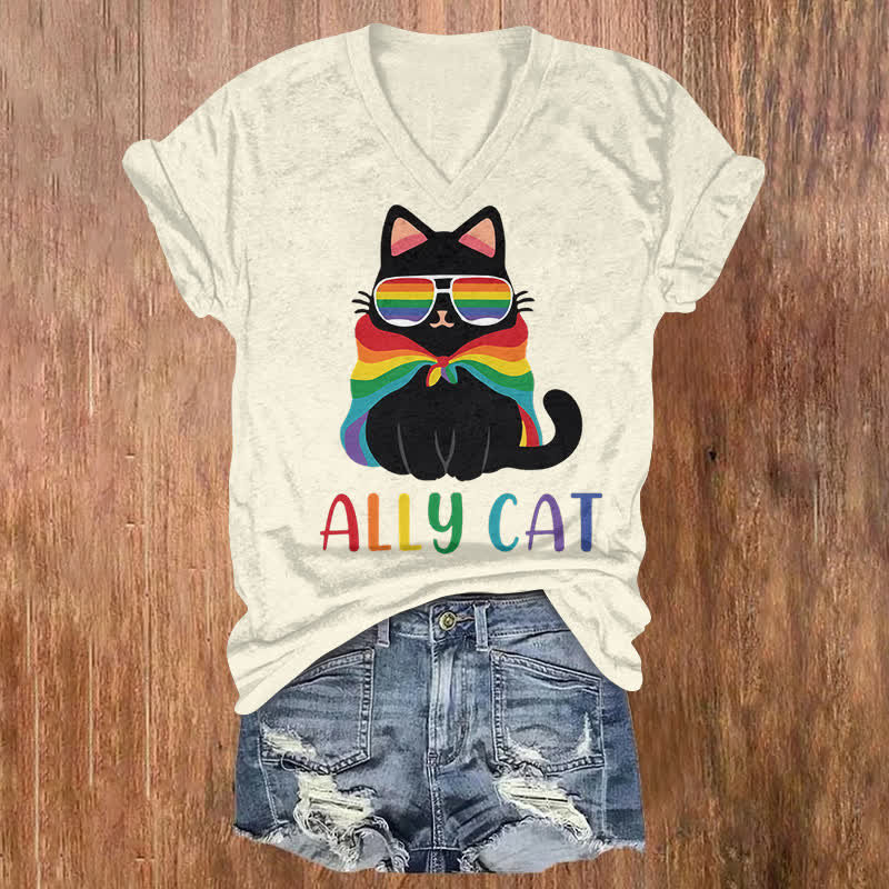 Cute Black Cat With Rainbow Art Print Short Sleeved V-Neck T-Shirt - Apricot - US32-34(5XL) - image 1