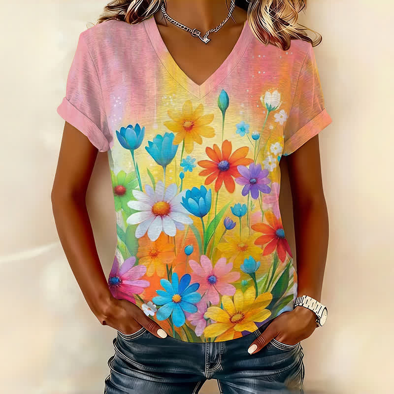 Watercolor Wildflower Art Print Short Sleeved V-Neck T-Shirt - Multicolor - US32-34(5XL) - image 1