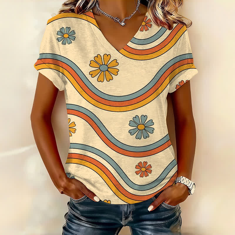 Vintage Floral Groovy Art Print Short Sleeved V-Neck T-Shirt - Apricot - US32-34(5XL) - image 1