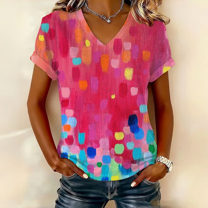Abstract Brushstroke Colorful Art Print Short Sleeved V-Neck T-Shirt - Multicolor - US32-34(5XL) - image 1