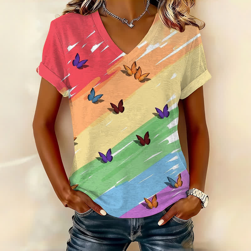 Rainbow And Butterflies Art Print Short Sleeved V-Neck T-Shirt - Multicolor - US32-34(5XL) - image 1
