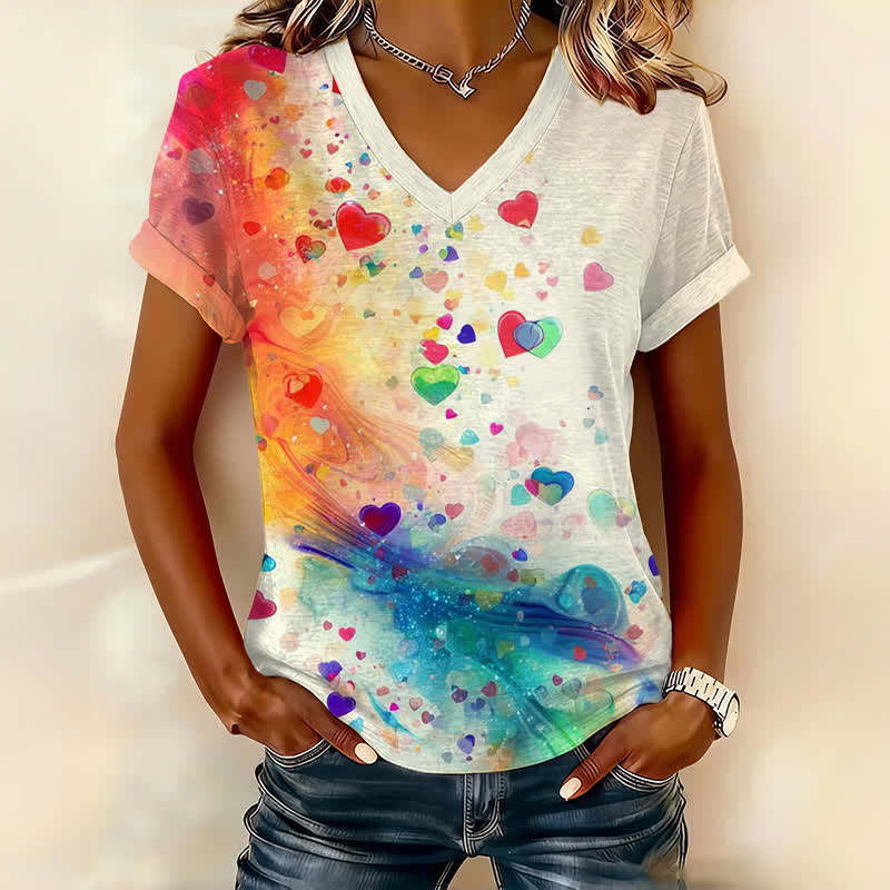 Rainbow Watercolor Hearts Art Print Short Sleeved V-Neck T-Shirt - Apricot - US32-34(5XL) - image 1
