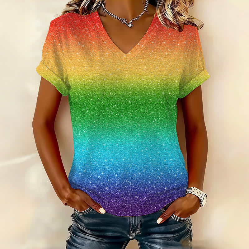 Rainbow Ombre Art Print Short Sleeved V-Neck T-Shirt - Multicolor - US32-34(5XL) - image 1