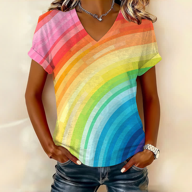 Diagonal Rainbow Stripe Art Print Short Sleeved V-Neck T-Shirt - Multicolor - US32-34(5XL) - image 1