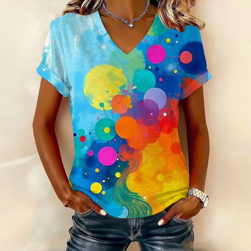 Multicolor Geometric Circle Art Print Short Sleeved V-Neck T-Shirt - Blue - US32-34(5XL) - image 1