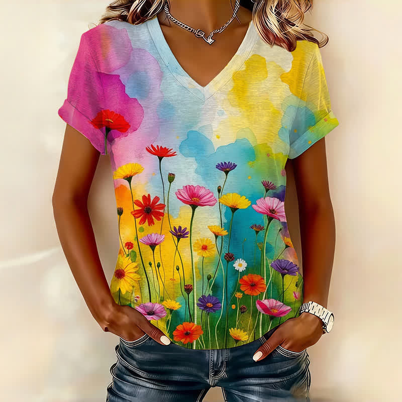 Multicolor Daisy Floral Art Print Short Sleeved V-Neck T-Shirt - Multicolor - US32-34(5XL) - image 1