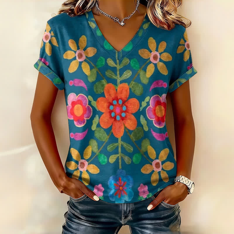 Spring Garden Flower Art Print Short Sleeved V-Neck T-Shirt - Blue - US32-34(5XL) - image 1