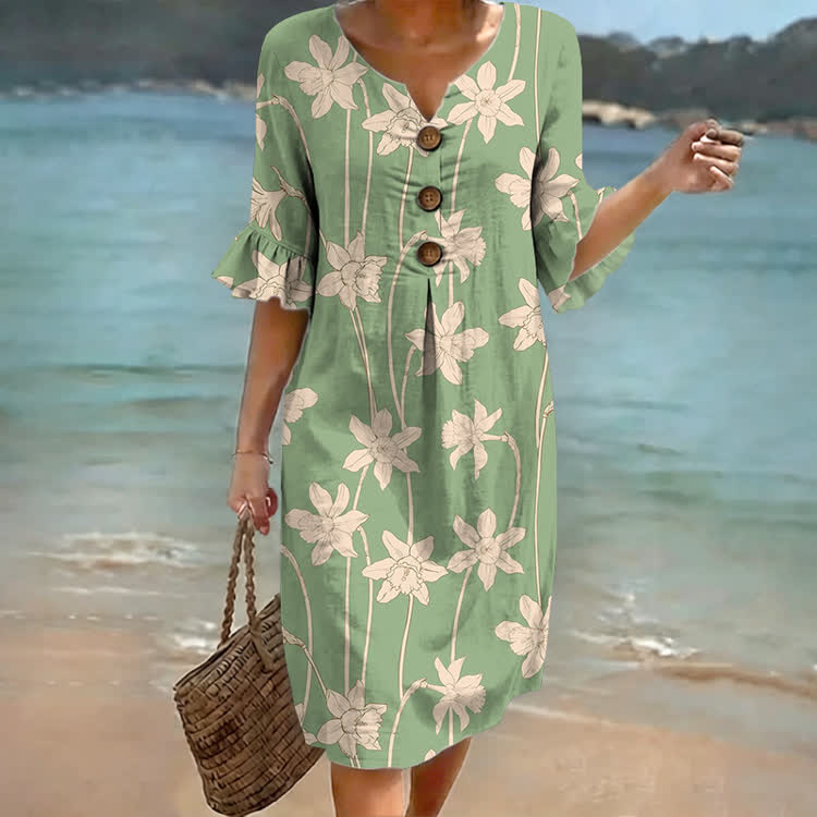 Cottagecore Sage Green Floral Print Notched Collar Button Ruffled Half Midi Dress - Green - US 22 (4XL) - image 1