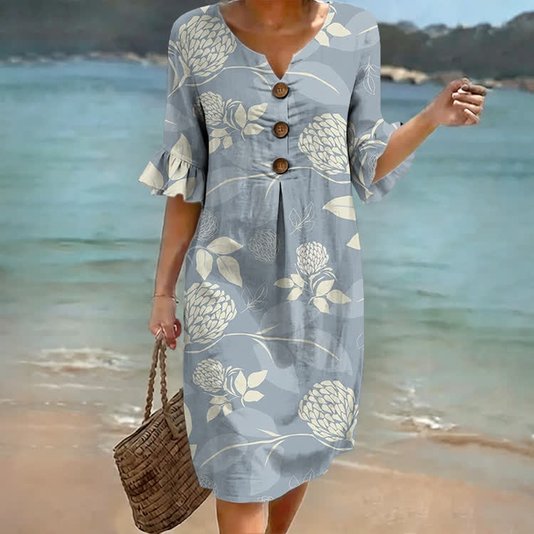 Blue-grey Floral Print Notched Collar Button Ruffled Half Midi Dress - Light Blue - US 22 (4XL) - image 1