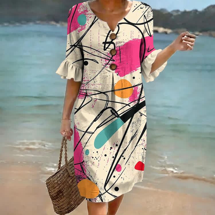 Abstract Geometric Print Notched Collar Button Ruffled Half Midi Dress - Apricot - US 22 (4XL) - image 1