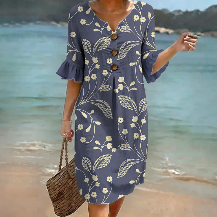 Indigo & Cream Floral Print Notched Collar Button Ruffled Half Midi Dress - Blue - US 22 (4XL) - image 1