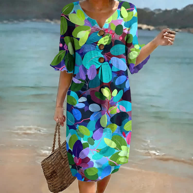 Colorful Watercolor Leaf Print Notched Collar Button Ruffled Half Midi Dress - Multicolor - US 22 (4XL) - image 1