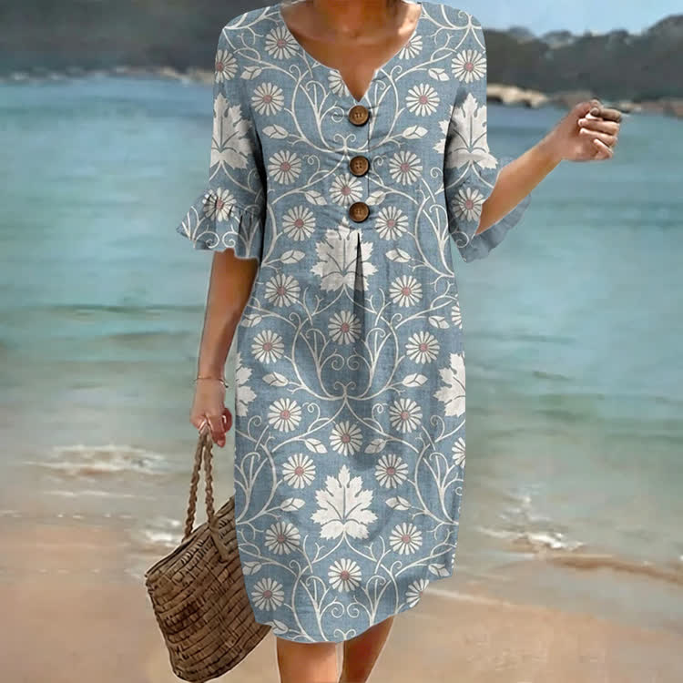Dusty Blue & White Floral Print Notched Collar Button Ruffled Half Midi Dress - Light Blue - US 22 (4XL) - image 1