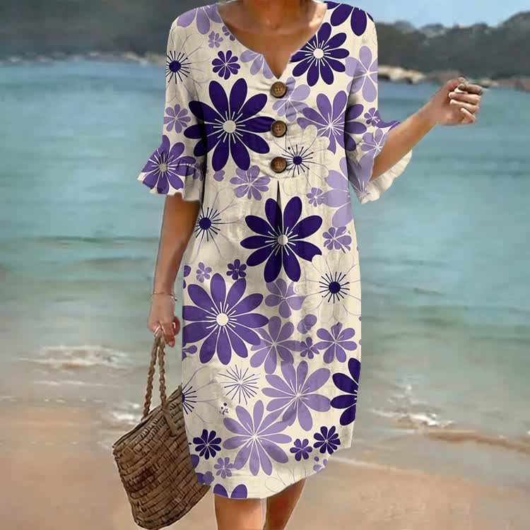 Cottagecore Purple Floral Print Notched Collar Button Ruffled Half Midi Dress - Apricot - US 22 (4XL) - image 1
