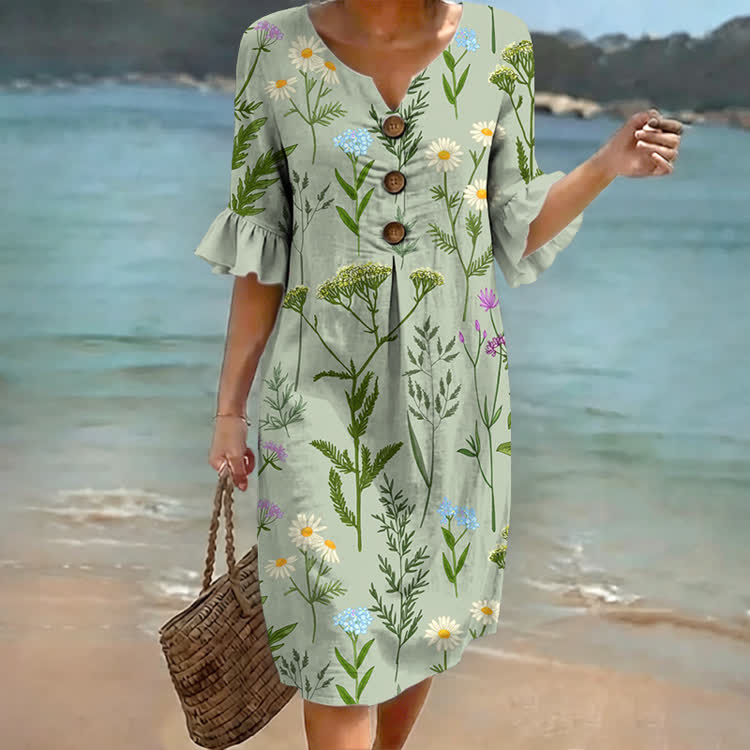 Sage Green Wildflower Print Notched Collar Button Ruffled Half Midi Dress - Green - US 22 (4XL) - image 1
