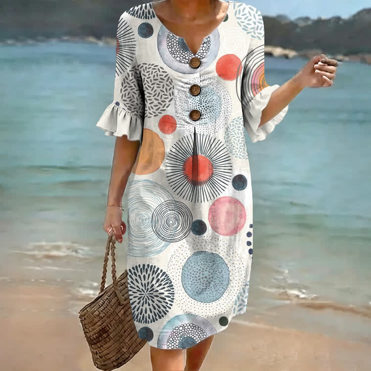 Abstract Geometric Circle Print Notched Collar Button Ruffled Half Midi Dress - White - US 22 (4XL) - image 1