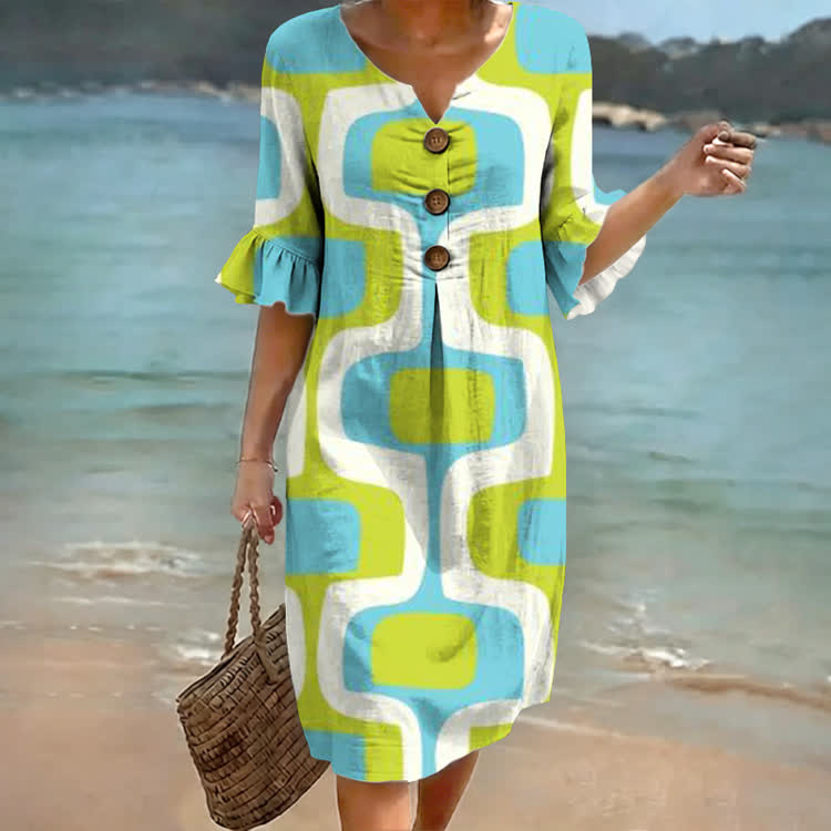 Retro Geometric Block Print Notched Collar Button Ruffled Half Midi Dress - Green - US 22 (4XL) - image 1