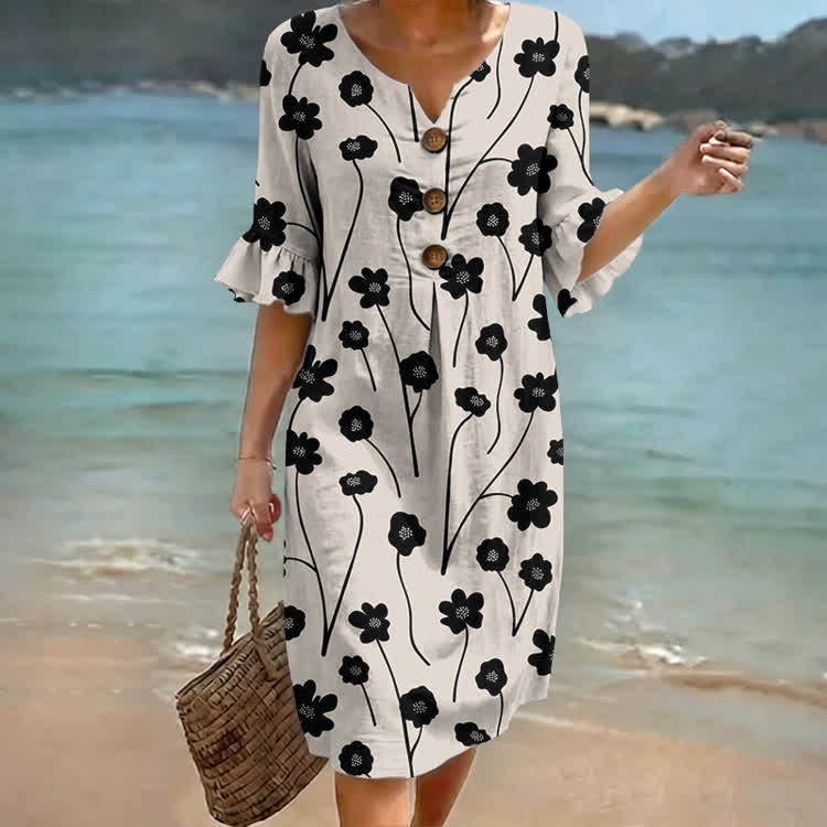 Cottagecore Blue Floral Print Notched Collar Button Ruffled Half Midi Dress - Black - US 22 (4XL) - image 2