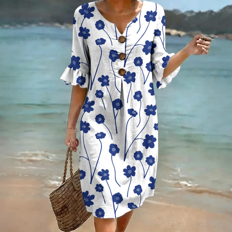Cottagecore Blue Floral Print Notched Collar Button Ruffled Half Midi Dress - Blue - US 22 (4XL) - image 1