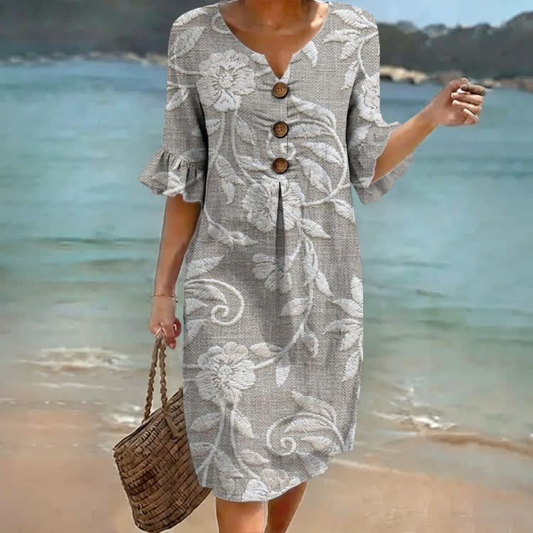 Vintage White Floral Vine Print Notched Collar Button Ruffled Half Midi Dress - Grey - US 22 (4XL) - image 1