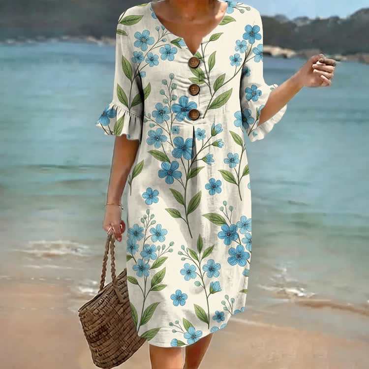 White & Blue Flower Print Notched Collar Button Ruffled Half Midi Dress - Apricot - US 22 (4XL) - image 1