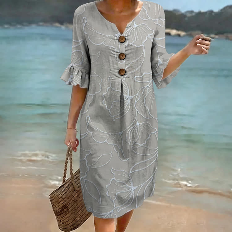 Cottagecore Grey Ginkgo Leaf Print Notched Collar Button Ruffled Half Midi Dress - Grey - US 22 (4XL) - image 1