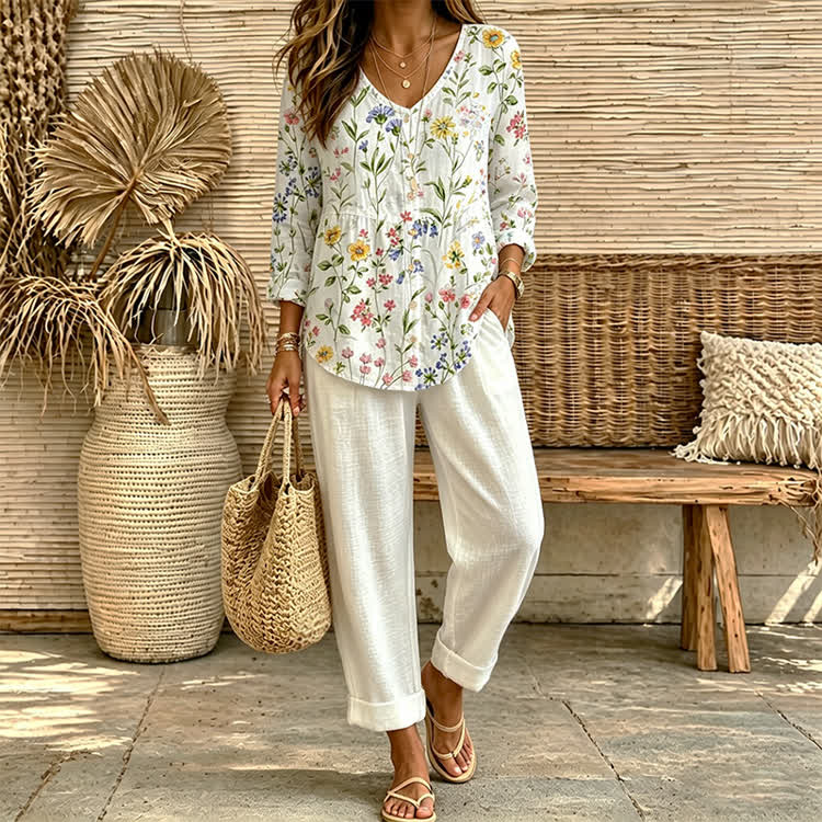 Pastoral Watercolor Flowers And Plants Print Button V-neck A-line Long Sleeve Blouse&solid Pants Set - White - 4XL - image 1