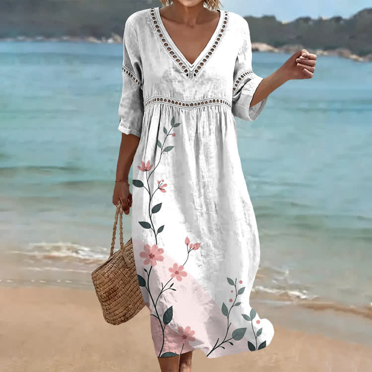 Cottagecore White & Pink Floral Print Openwork Lace V-neck Half Sleeve Maxi Dress - White - US 16-18 (4XL) - image 1
