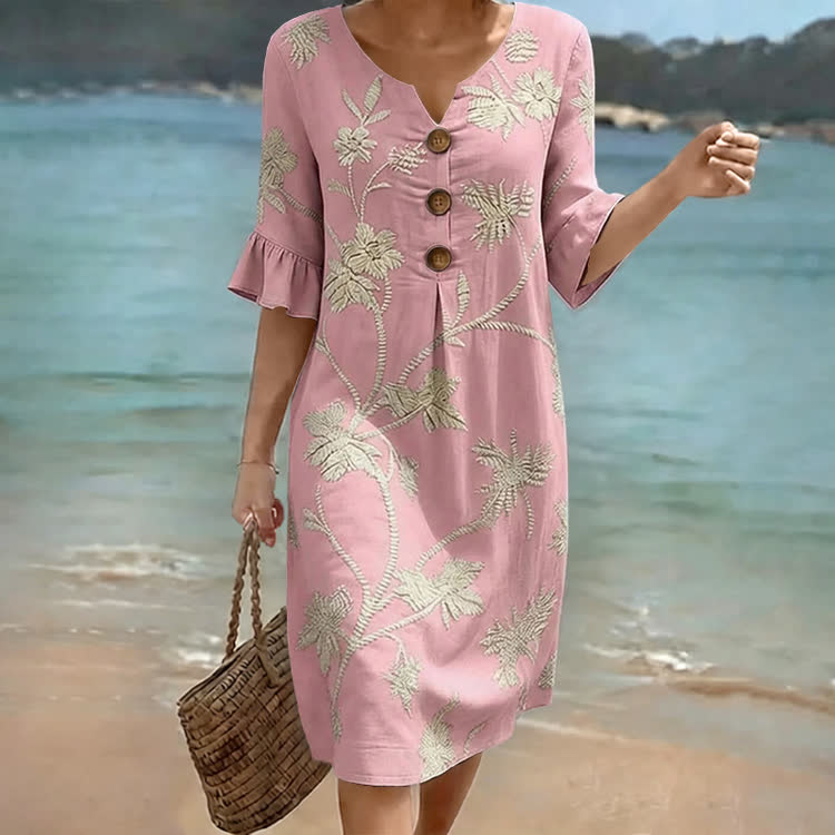 Boho Floral Notched Collar Button Ruffled Half Midi Dress - Pink - US 22 (4XL) - image 2
