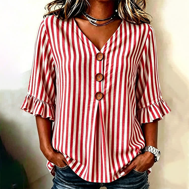 Elegant Stripes Pattern Print Button V-Neck Blouse With Ruffle Sleeves - Wine - US32-34(5XL) - image 2