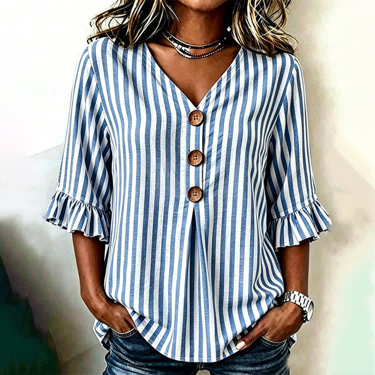 Elegant Stripes Pattern Print Button V-Neck Blouse With Ruffle Sleeves - Blue - US32-34(5XL) - image 1